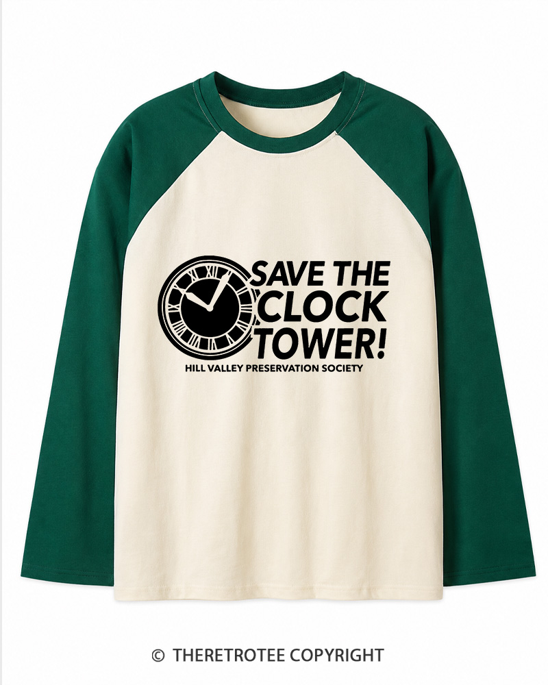 TheRetroTee Save The Clock Tower 1980s Long Sleeve Raglan T-Shirt