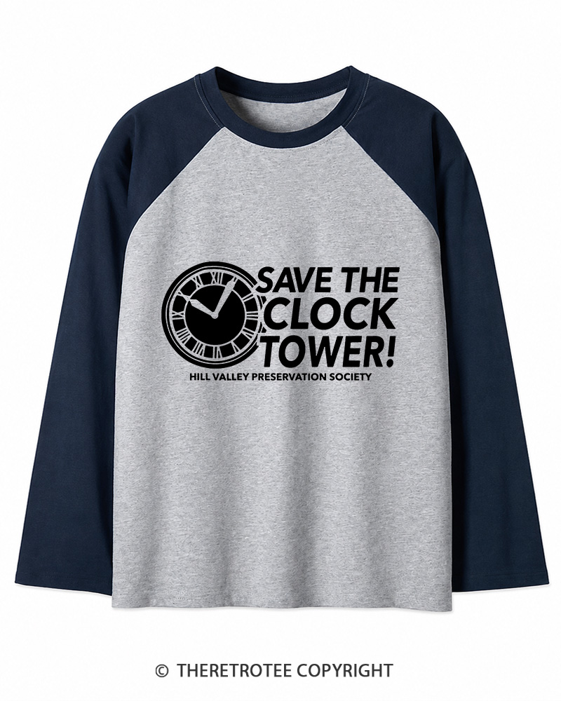 TheRetroTee Save The Clock Tower 1980s Long Sleeve Raglan T-Shirt