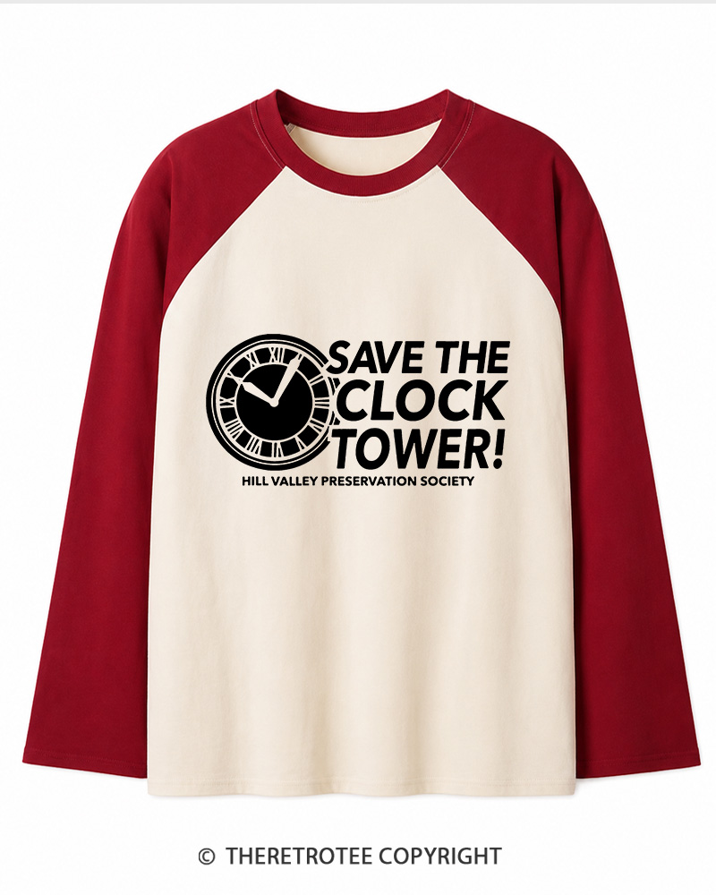 TheRetroTee Save The Clock Tower 1980s Long Sleeve Raglan T-Shirt