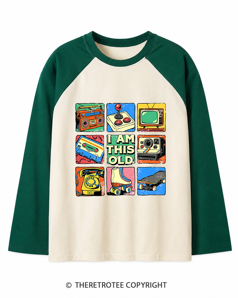 TheRetroTee I Am This Old Vintage Nostalgia Cassette Tape 1980s Long Sleeve Raglan T-Shirt