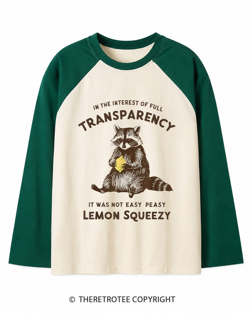 TheRetroTee It Was Not Easy Peasy Lemon Squeezy Raccoon 1970s Long Sleeve Raglan T-Shirt