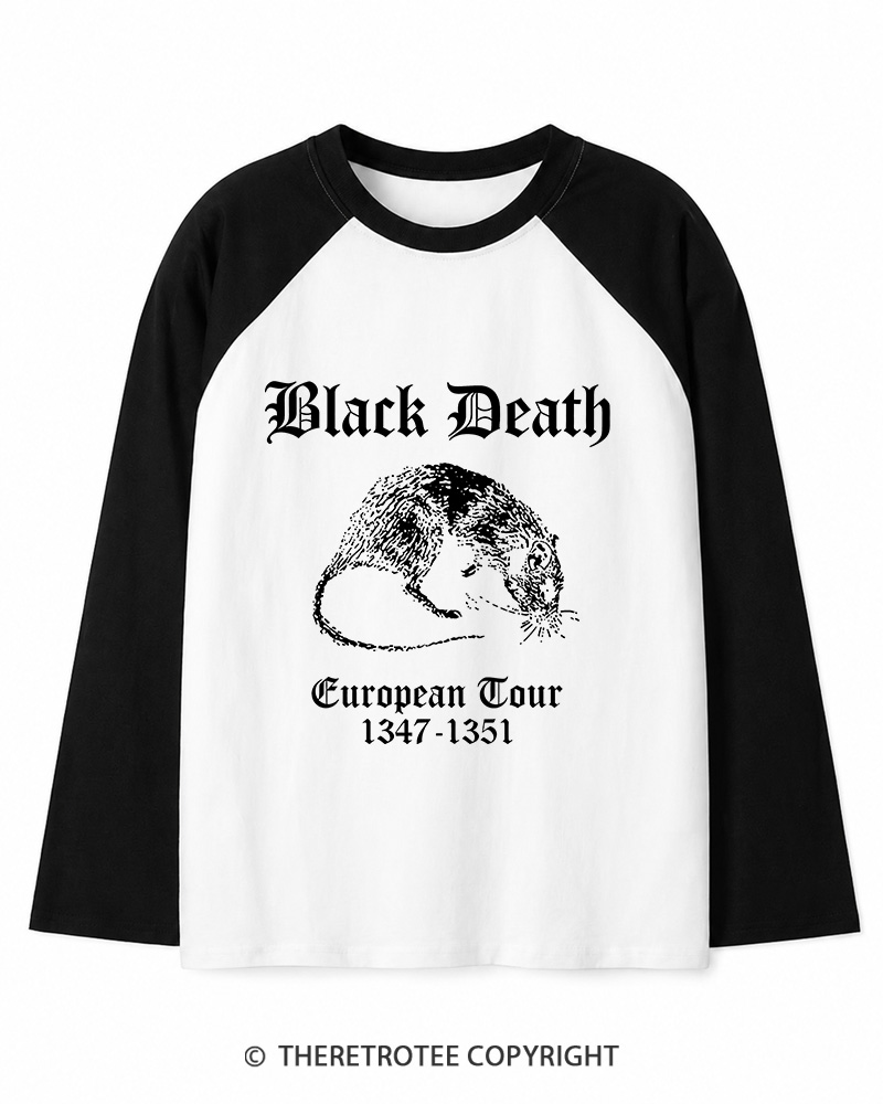 TheRetroTee Black Death European Tour Gothic Horror Long Sleeve Raglan T-Shirt