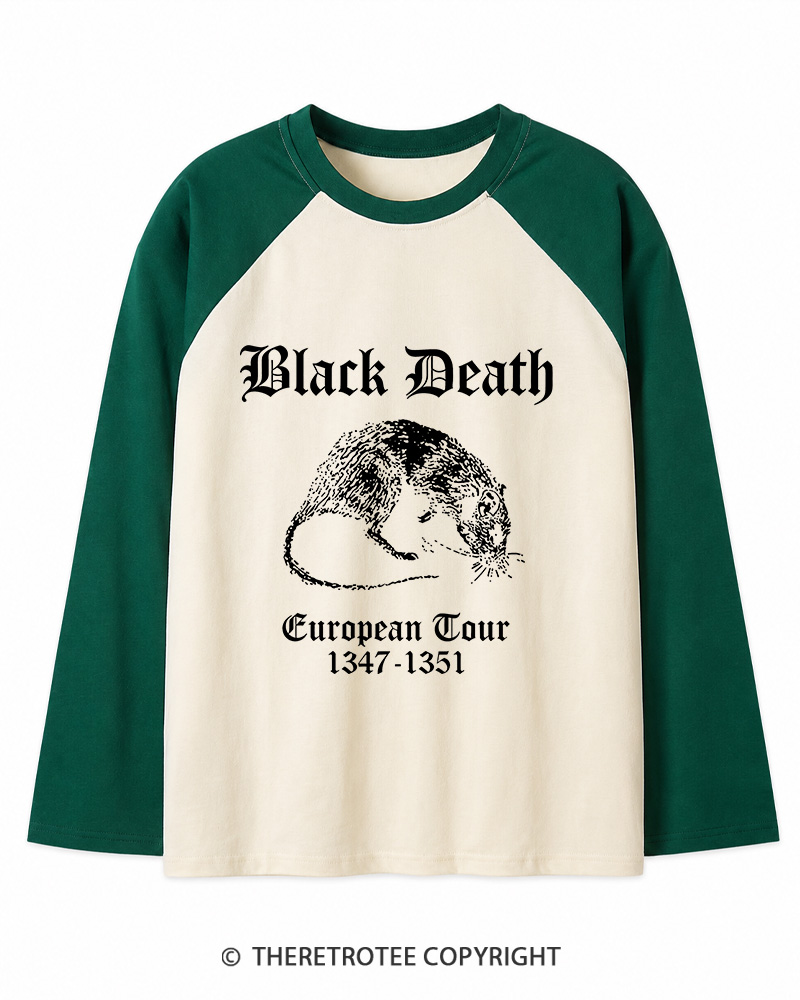 TheRetroTee Black Death European Tour Gothic Horror Long Sleeve Raglan T-Shirt