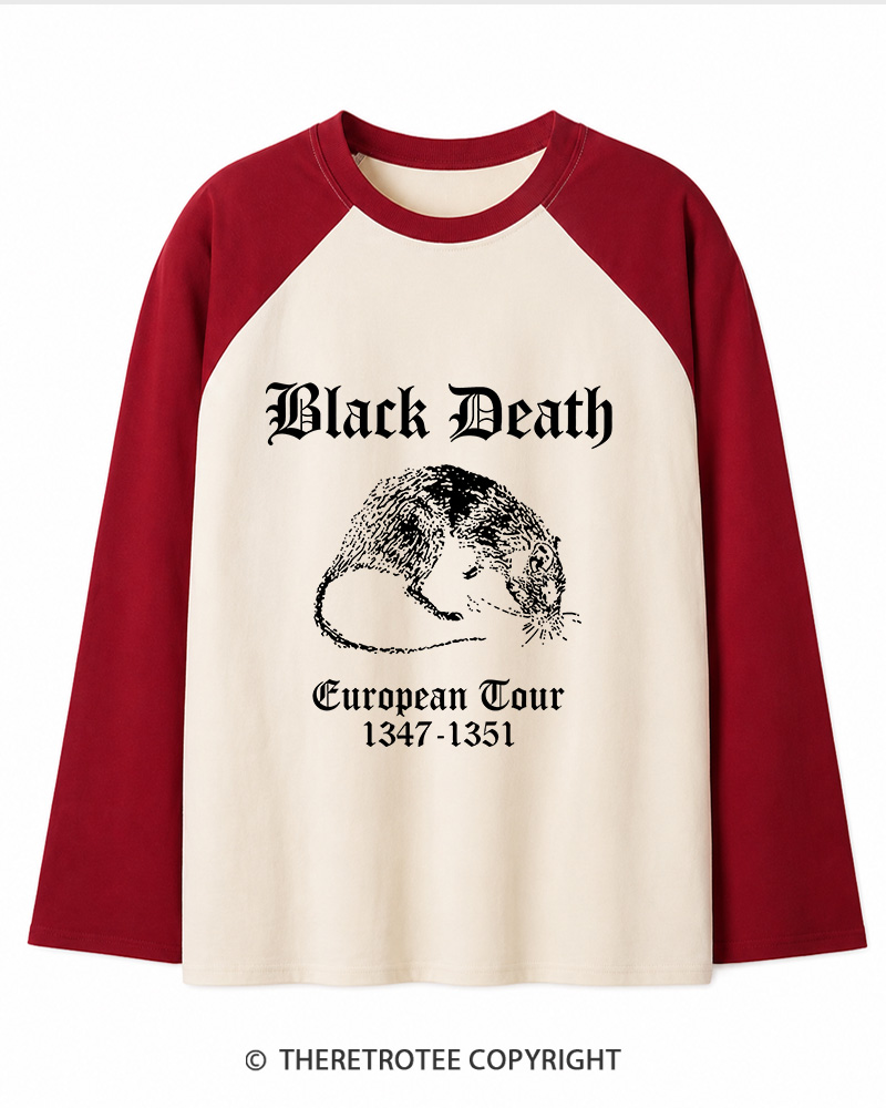 TheRetroTee Black Death European Tour Gothic Horror Long Sleeve Raglan T-Shirt