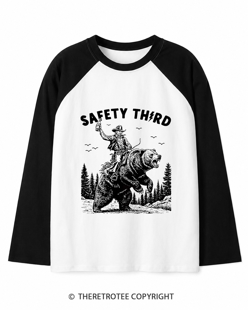 TheRetroTee Safety Third Grizzly Bear Long Sleeve Raglan T-Shirt