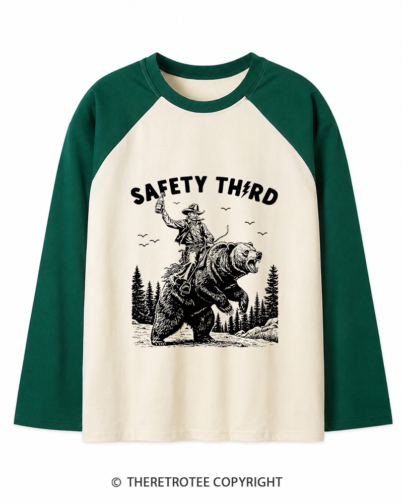 TheRetroTee Safety Third Grizzly Bear Long Sleeve Raglan T-Shirt