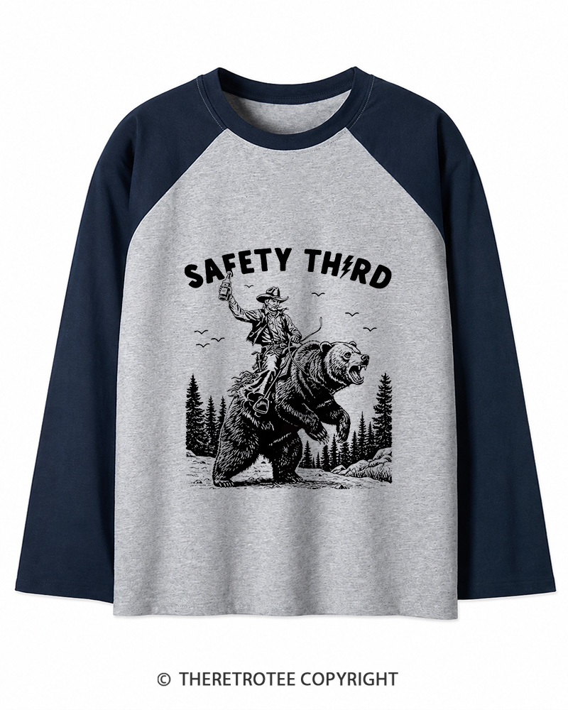 TheRetroTee Safety Third Grizzly Bear Long Sleeve Raglan T-Shirt
