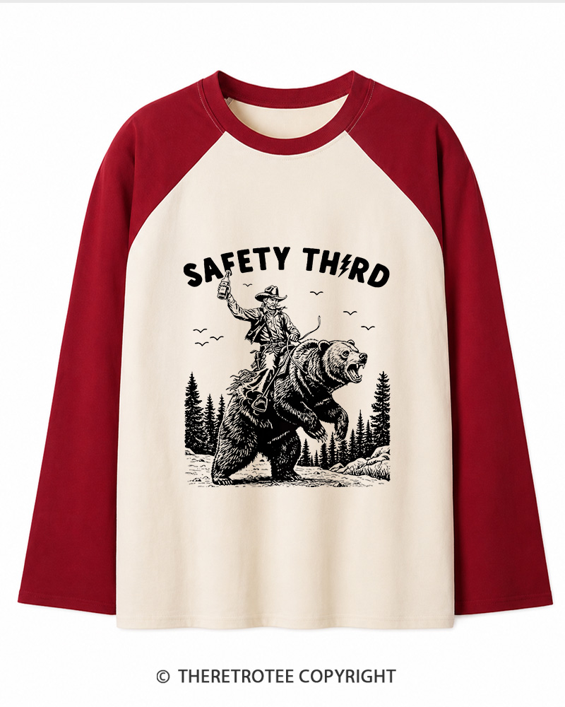 TheRetroTee Safety Third Grizzly Bear Long Sleeve Raglan T-Shirt
