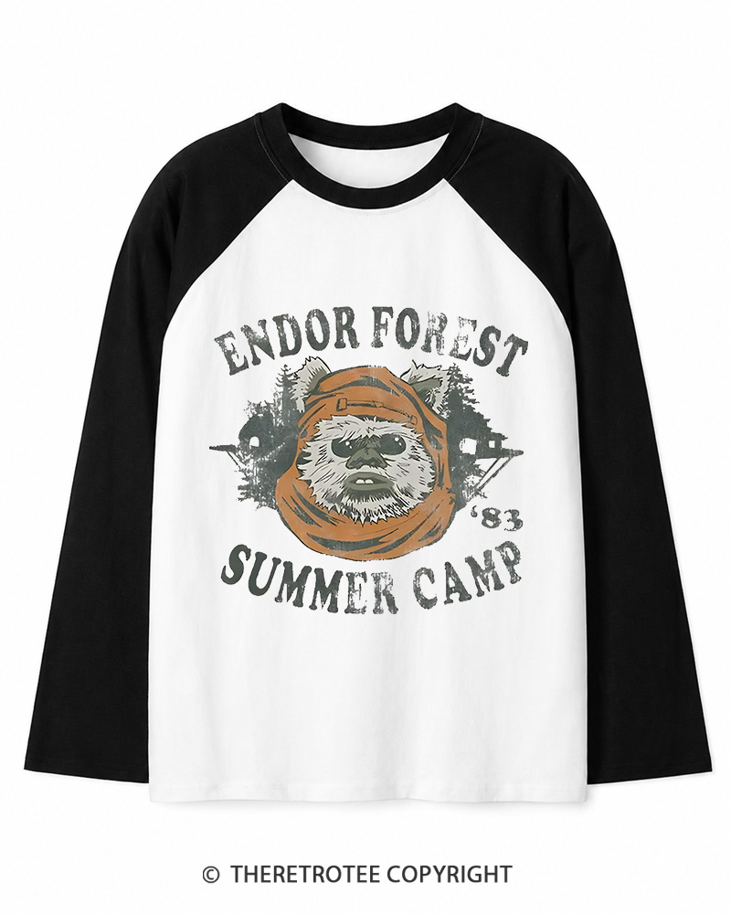 TheRetroTee Endor Forest Summer Camp 1980s Long Sleeve Raglan T-Shirt