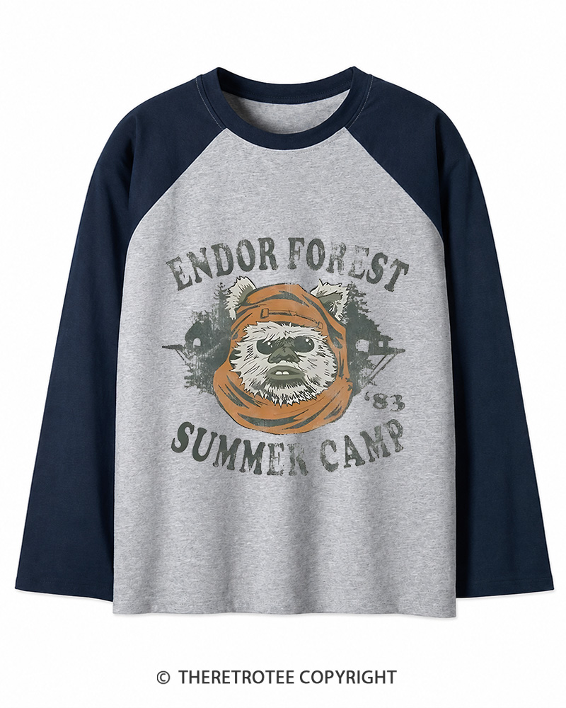 TheRetroTee Endor Forest Summer Camp 1980s Long Sleeve Raglan T-Shirt