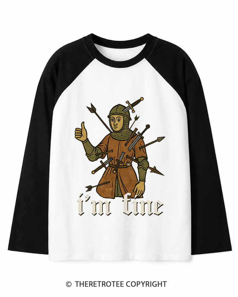 TheRetroTee Medieval Knight I’m Fine 1970s Long Sleeve Raglan T-Shirt