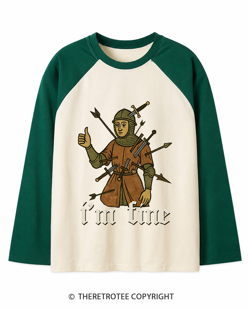 TheRetroTee Medieval Knight I’m Fine 1970s Long Sleeve Raglan T-Shirt