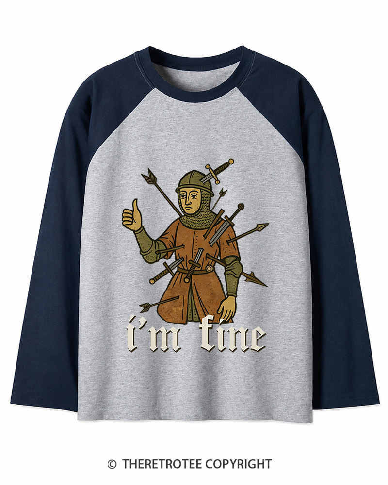 TheRetroTee Medieval Knight I’m Fine 1970s Long Sleeve Raglan T-Shirt