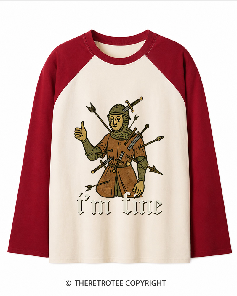 TheRetroTee Medieval Knight I’m Fine 1970s Long Sleeve Raglan T-Shirt