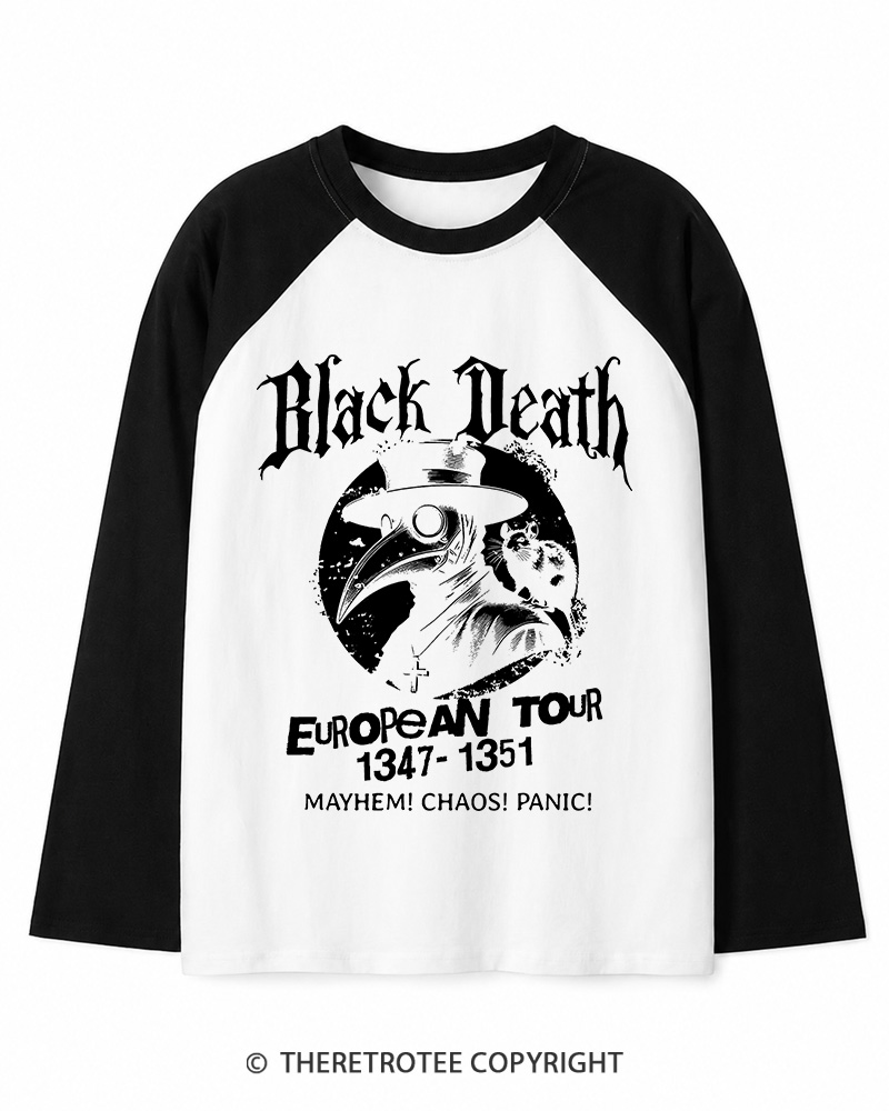 TheRetroTee Black Death European Tour 1970s Long Sleeve Raglan T-Shirt