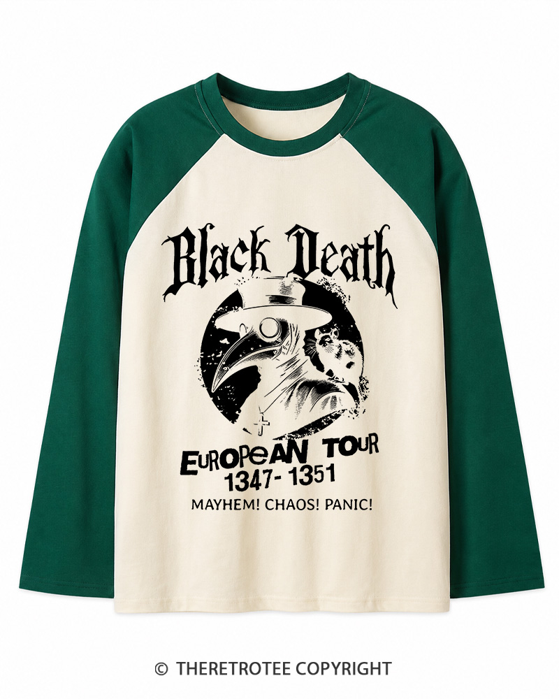 TheRetroTee Black Death European Tour 1970s Long Sleeve Raglan T-Shirt