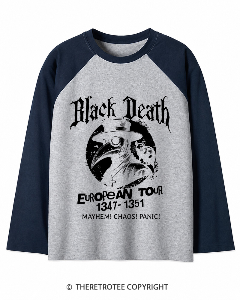 TheRetroTee Black Death European Tour 1970s Long Sleeve Raglan T-Shirt