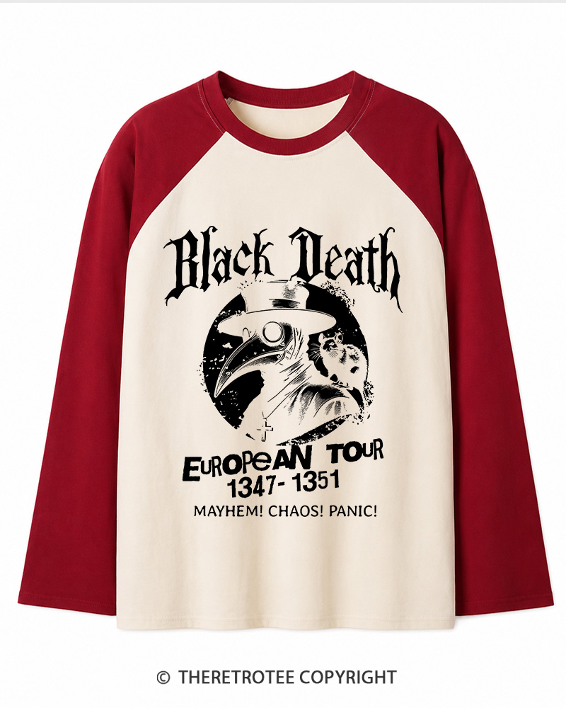 TheRetroTee Black Death European Tour 1970s Long Sleeve Raglan T-Shirt