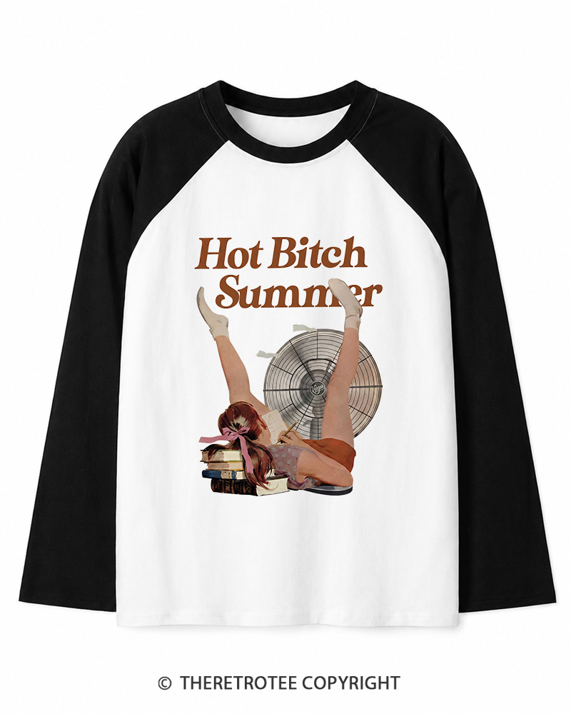 TheRetroTee Hot Bitch Summer Vintage Graphic Long Sleeve Raglan T-Shirt