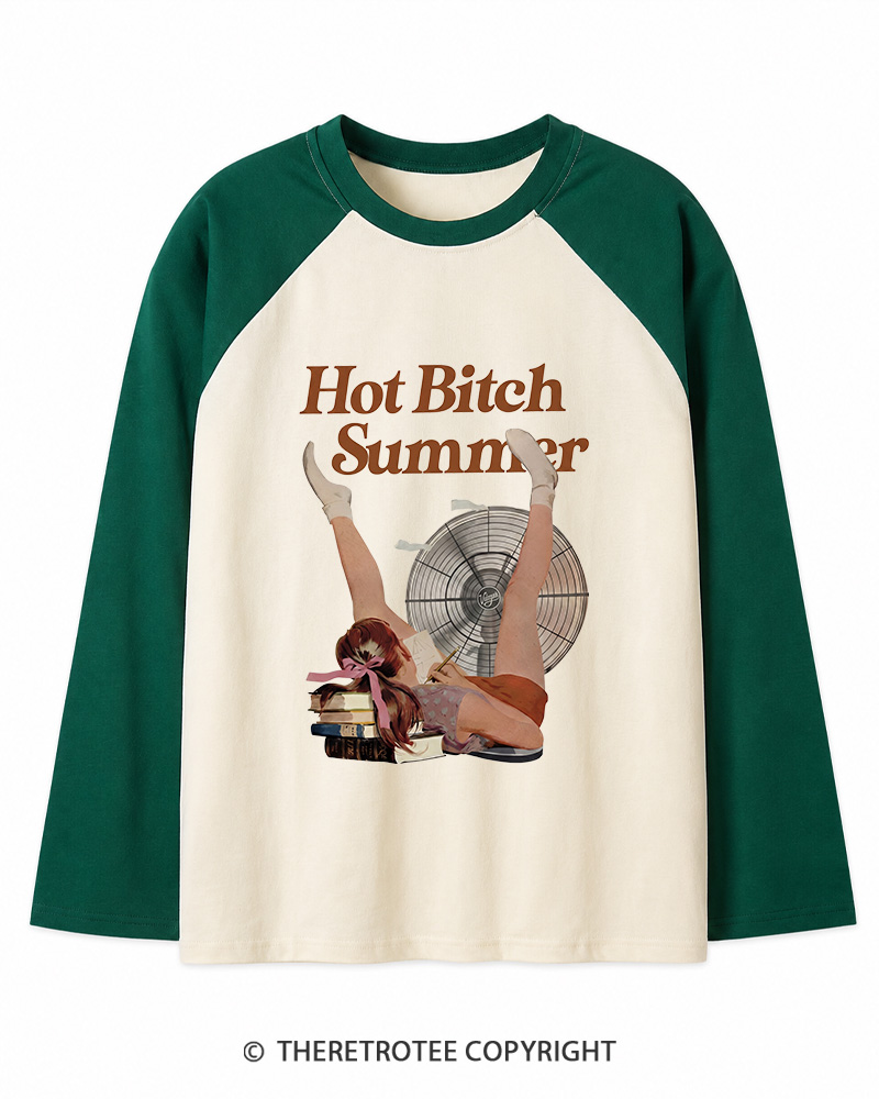 TheRetroTee Hot Bitch Summer Vintage Graphic Long Sleeve Raglan T-Shirt