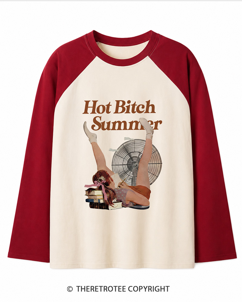 TheRetroTee Hot Bitch Summer Vintage Graphic Long Sleeve Raglan T-Shirt