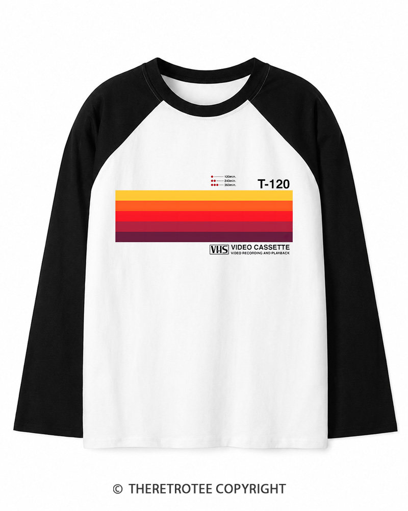 TheRetroTee Sunset Video Cassette VHS 1980s Long Sleeve Raglan T-Shirt