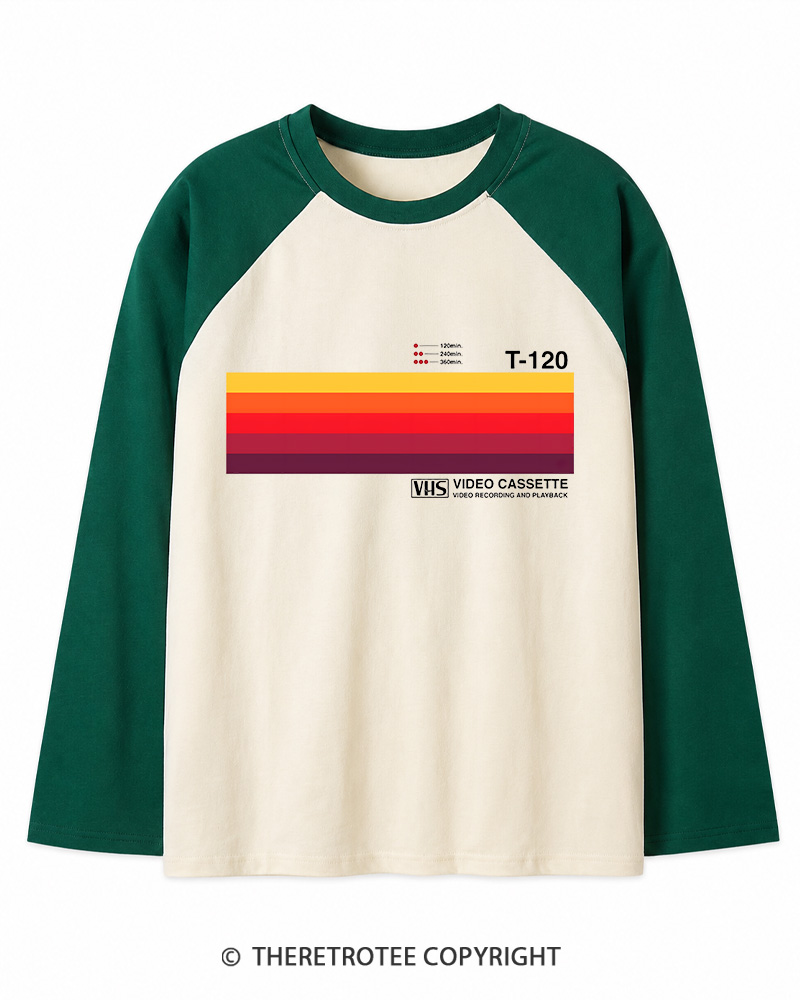 TheRetroTee Sunset Video Cassette VHS 1980s Long Sleeve Raglan T-Shirt