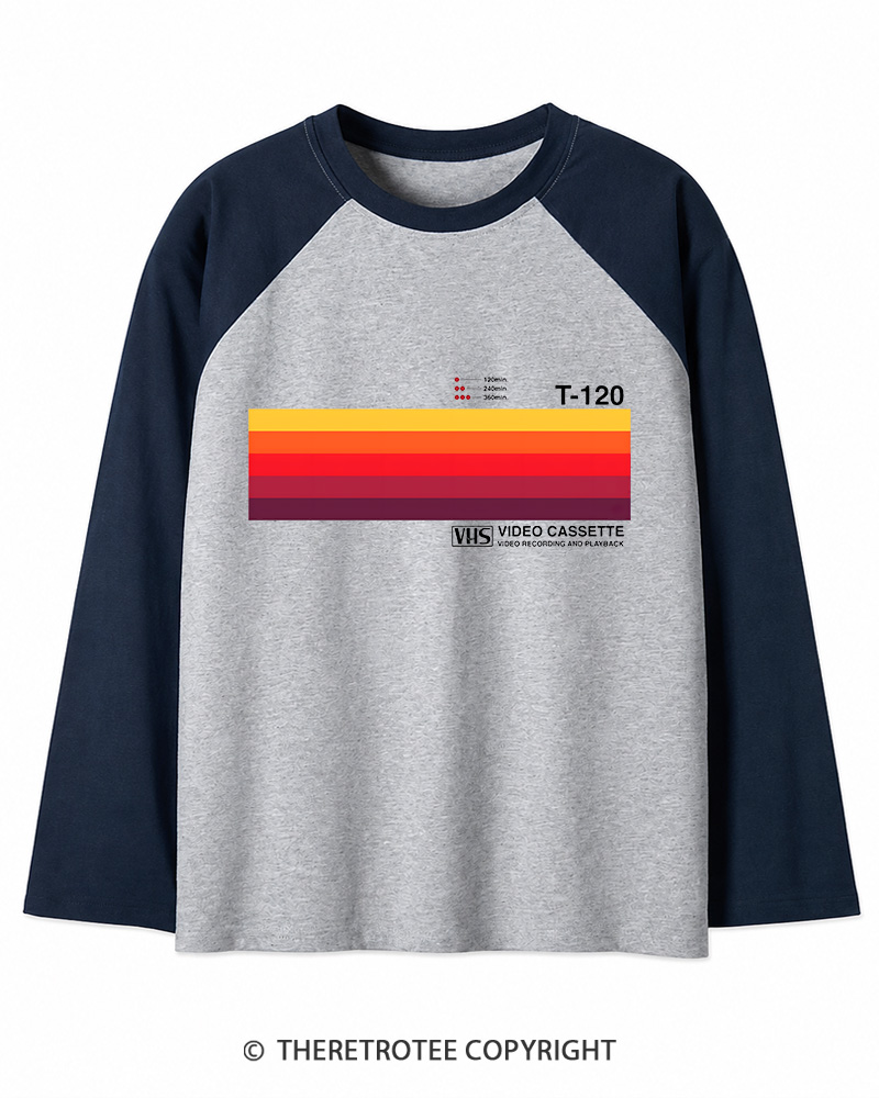 TheRetroTee Sunset Video Cassette VHS 1980s Long Sleeve Raglan T-Shirt