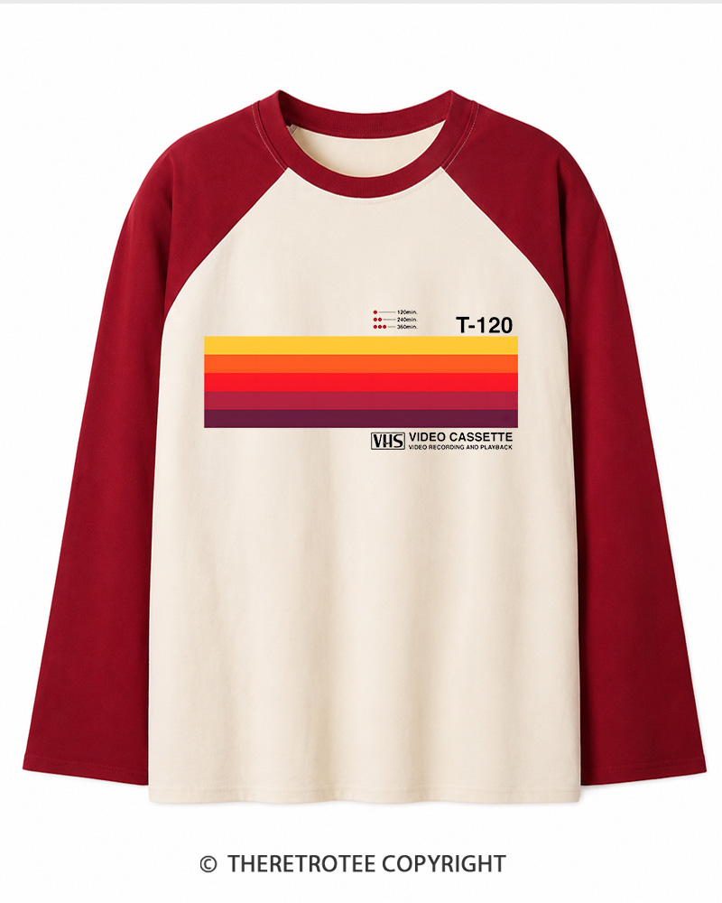 TheRetroTee Sunset Video Cassette VHS 1980s Long Sleeve Raglan T-Shirt