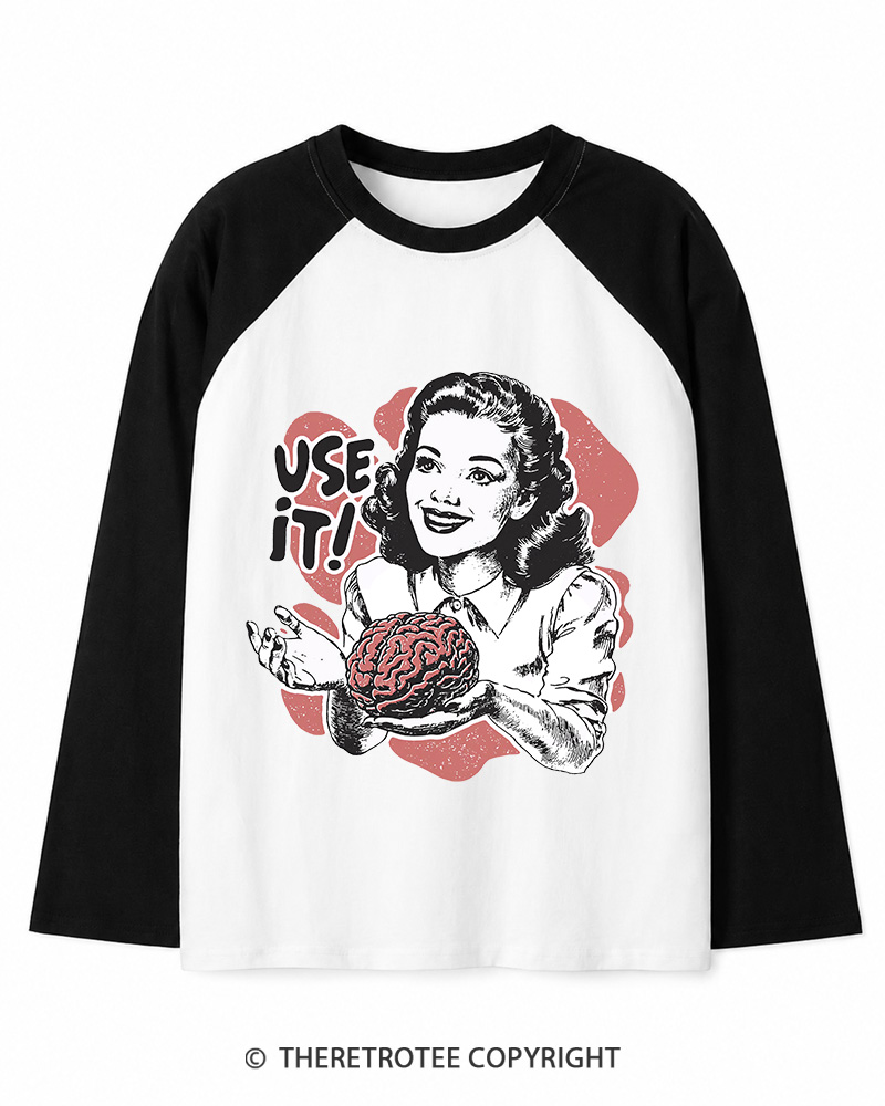 TheRetroTee Use Your Brain Sarcastic Vintage Long Sleeve Raglan T-Shirt