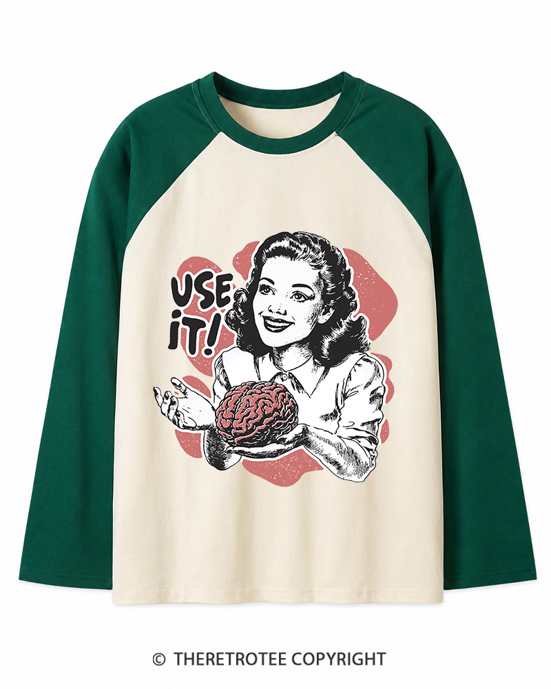 TheRetroTee Use Your Brain Sarcastic Vintage Long Sleeve Raglan T-Shirt
