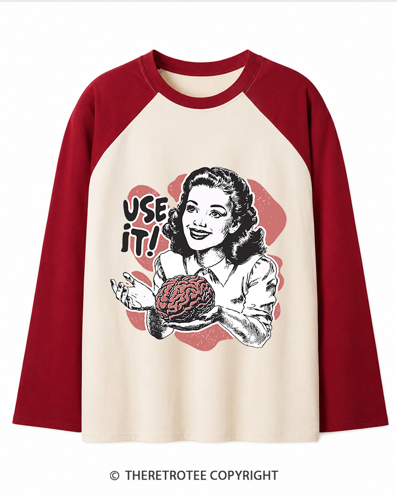 TheRetroTee Use Your Brain Sarcastic Vintage Long Sleeve Raglan T-Shirt