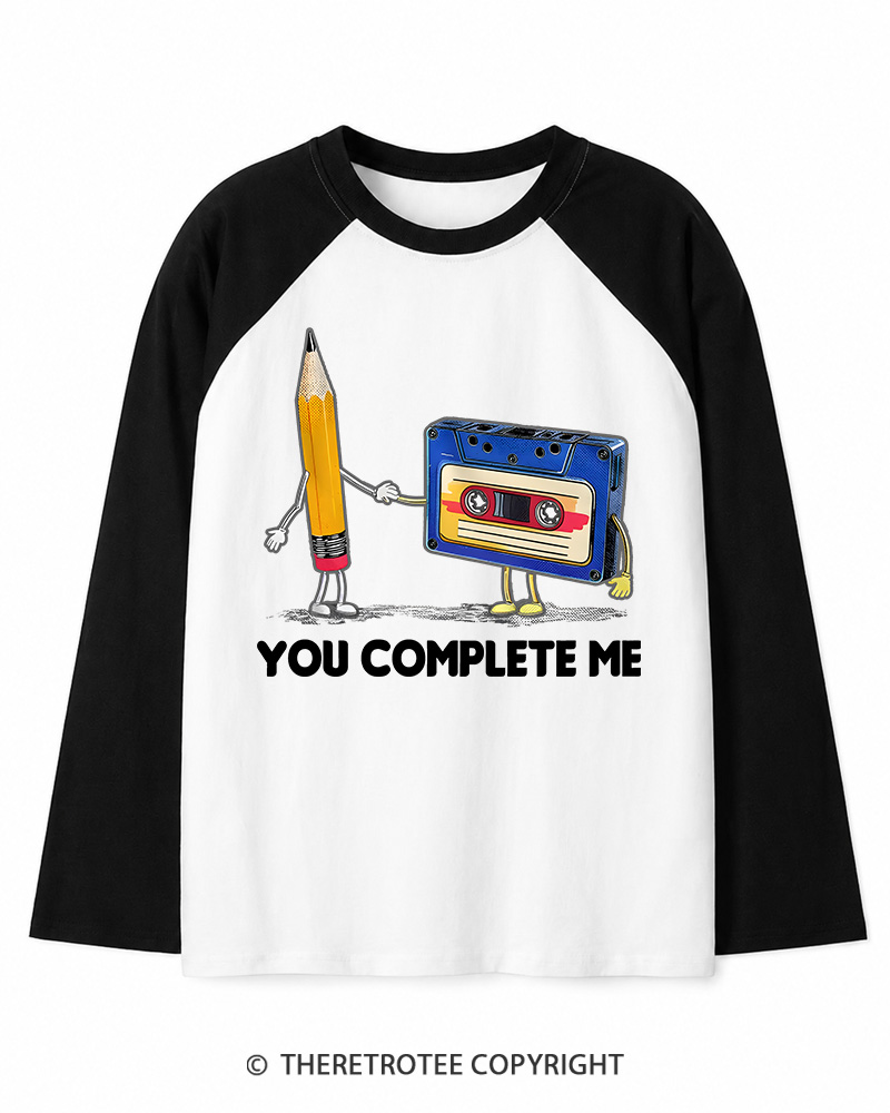 TheRetroTee You Complete Me Pencil & Cassette 1980s Long Sleeve Raglan T-Shirt