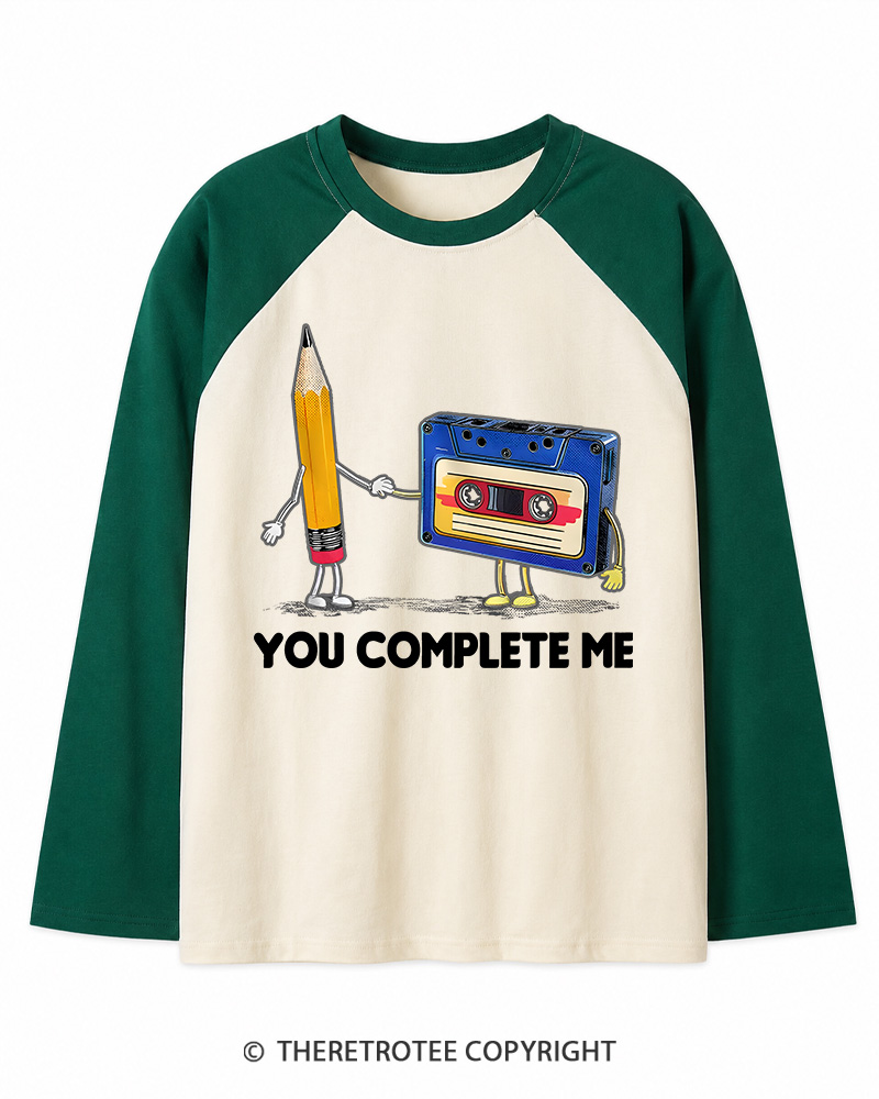 TheRetroTee You Complete Me Pencil & Cassette 1980s Long Sleeve Raglan T-Shirt