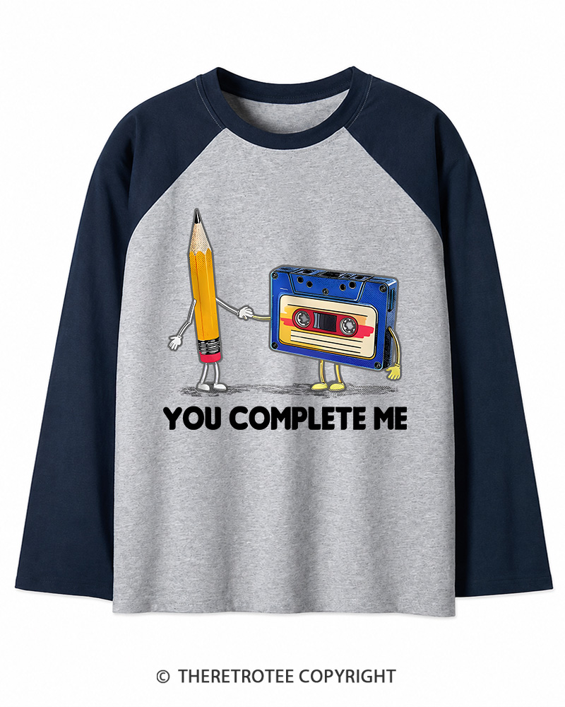 TheRetroTee You Complete Me Pencil & Cassette 1980s Long Sleeve Raglan T-Shirt