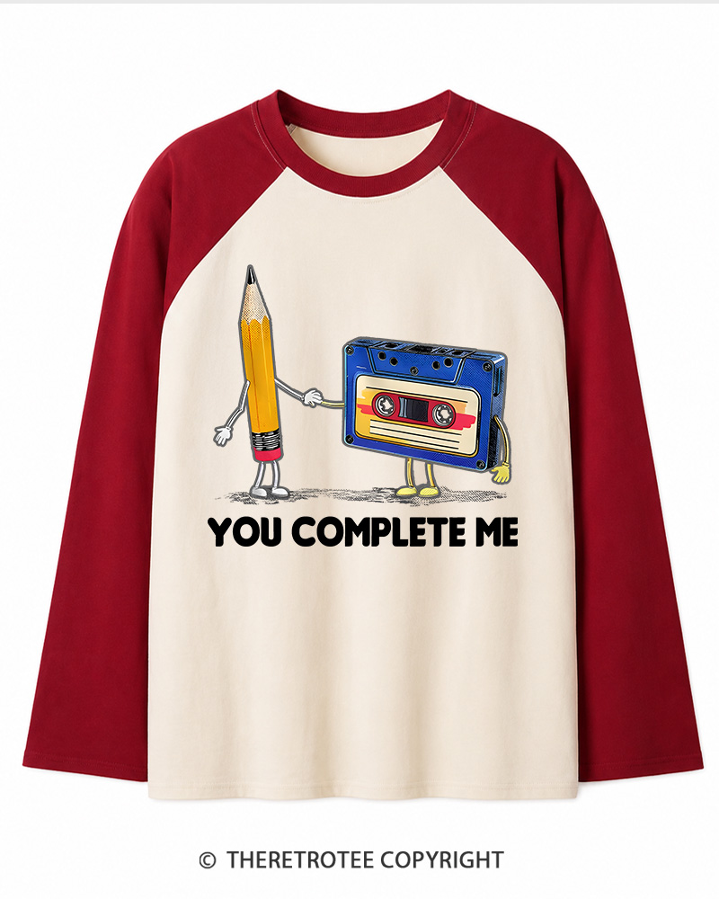 TheRetroTee You Complete Me Pencil & Cassette 1980s Long Sleeve Raglan T-Shirt