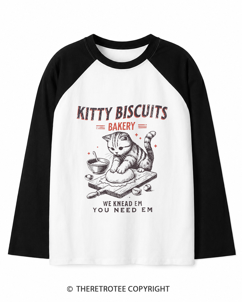 TheRetroTee Kitty Biscuits Bakery 1950s Long Sleeve Raglan T-Shirt
