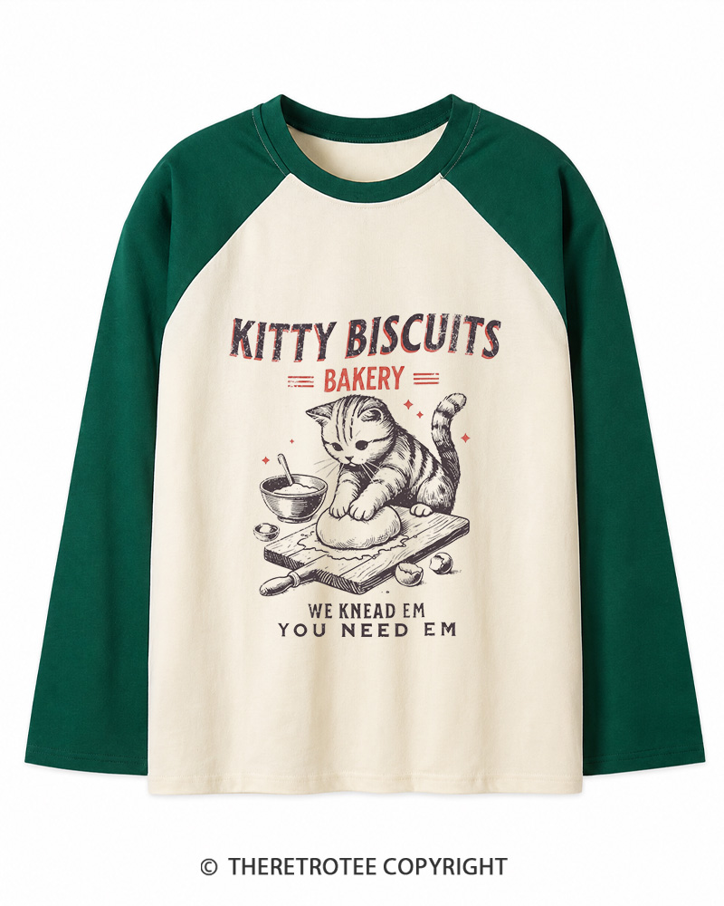 TheRetroTee Kitty Biscuits Bakery 1950s Long Sleeve Raglan T-Shirt