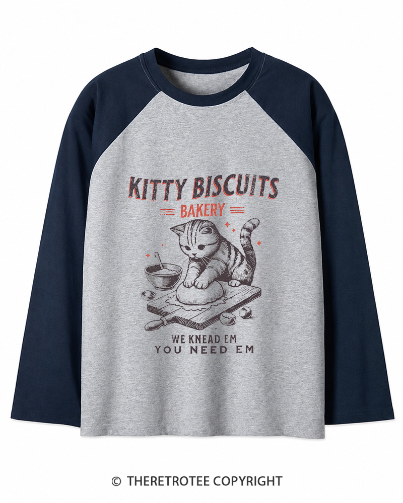 TheRetroTee Kitty Biscuits Bakery 1950s Long Sleeve Raglan T-Shirt