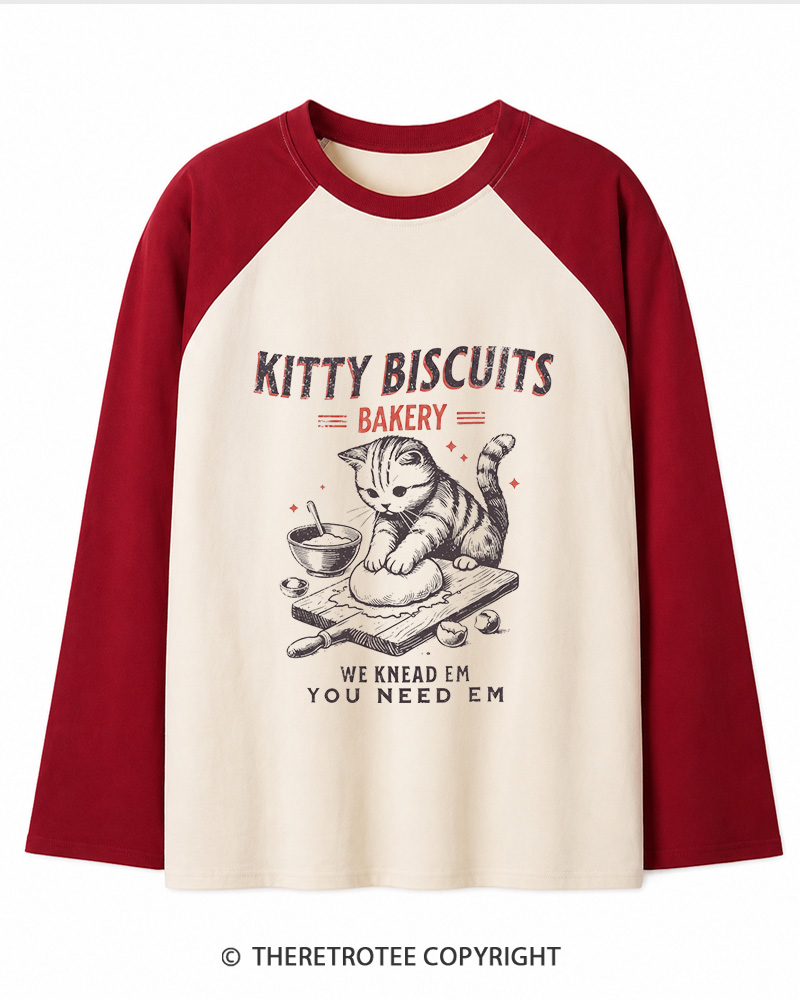 TheRetroTee Kitty Biscuits Bakery 1950s Long Sleeve Raglan T-Shirt