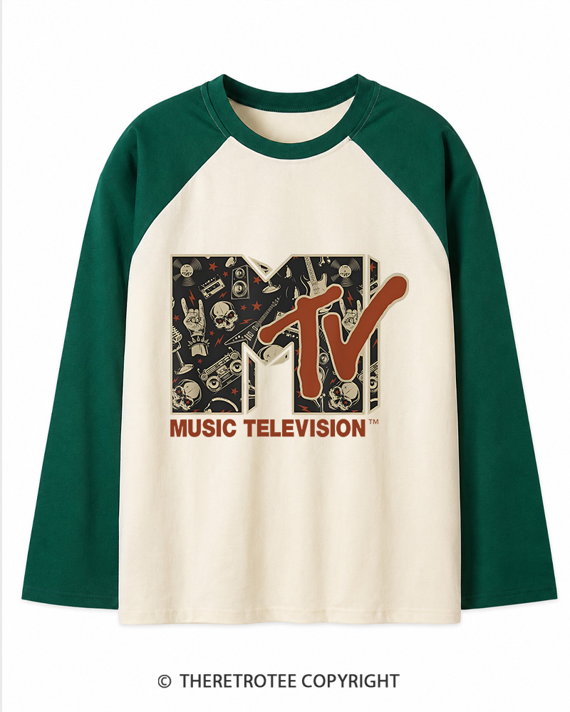 TheRetroTee Vintage Rock n Roll Skull Guitar Heavy Metal 1980s Long Sleeve Raglan T-Shirt