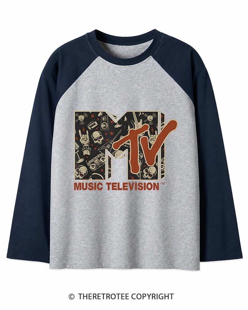 TheRetroTee Vintage Rock n Roll Skull Guitar Heavy Metal 1980s Long Sleeve Raglan T-Shirt