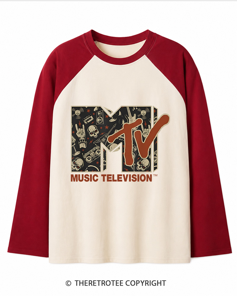 TheRetroTee Vintage Rock n Roll Skull Guitar Heavy Metal 1980s Long Sleeve Raglan T-Shirt