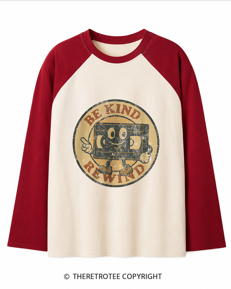 TheRetroTee Be Kind Rewind Graphic 1980s Long Sleeve Raglan T-Shirt