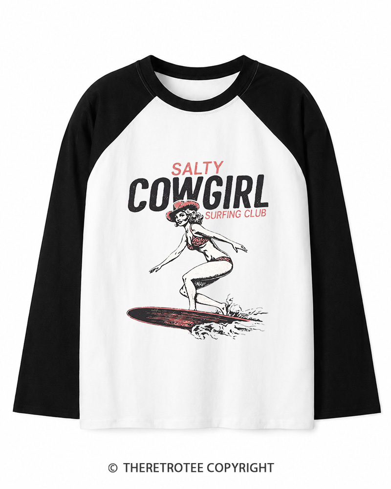 TheRetroTee Salty Cowgirl Surfing Club Long Sleeve Raglan T-Shirt