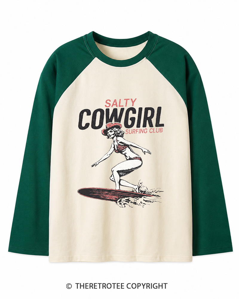 TheRetroTee Salty Cowgirl Surfing Club Long Sleeve Raglan T-Shirt