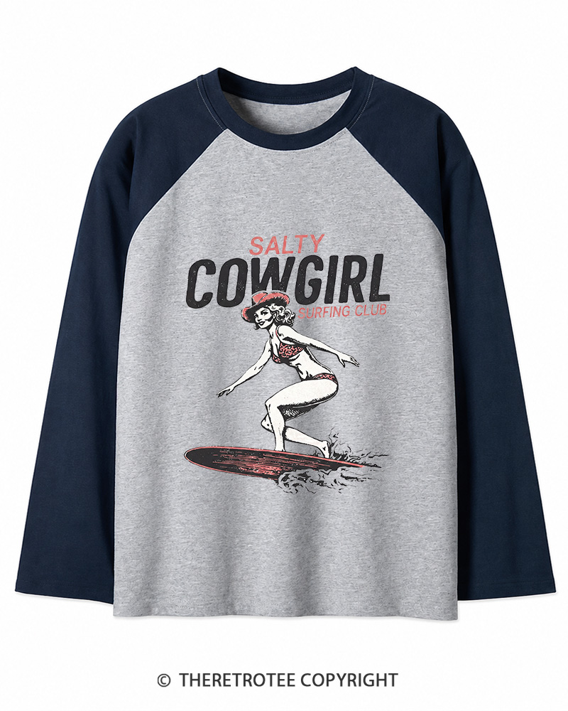 TheRetroTee Salty Cowgirl Surfing Club Long Sleeve Raglan T-Shirt