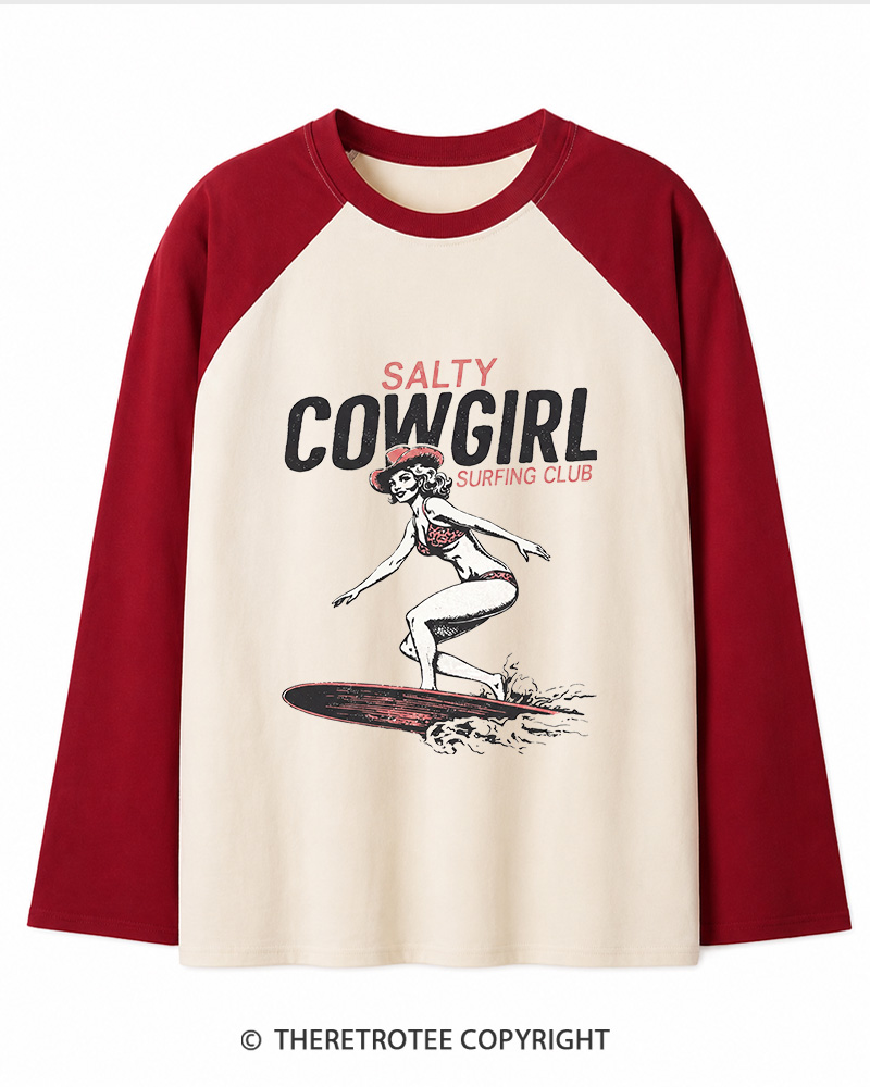 TheRetroTee Salty Cowgirl Surfing Club Long Sleeve Raglan T-Shirt