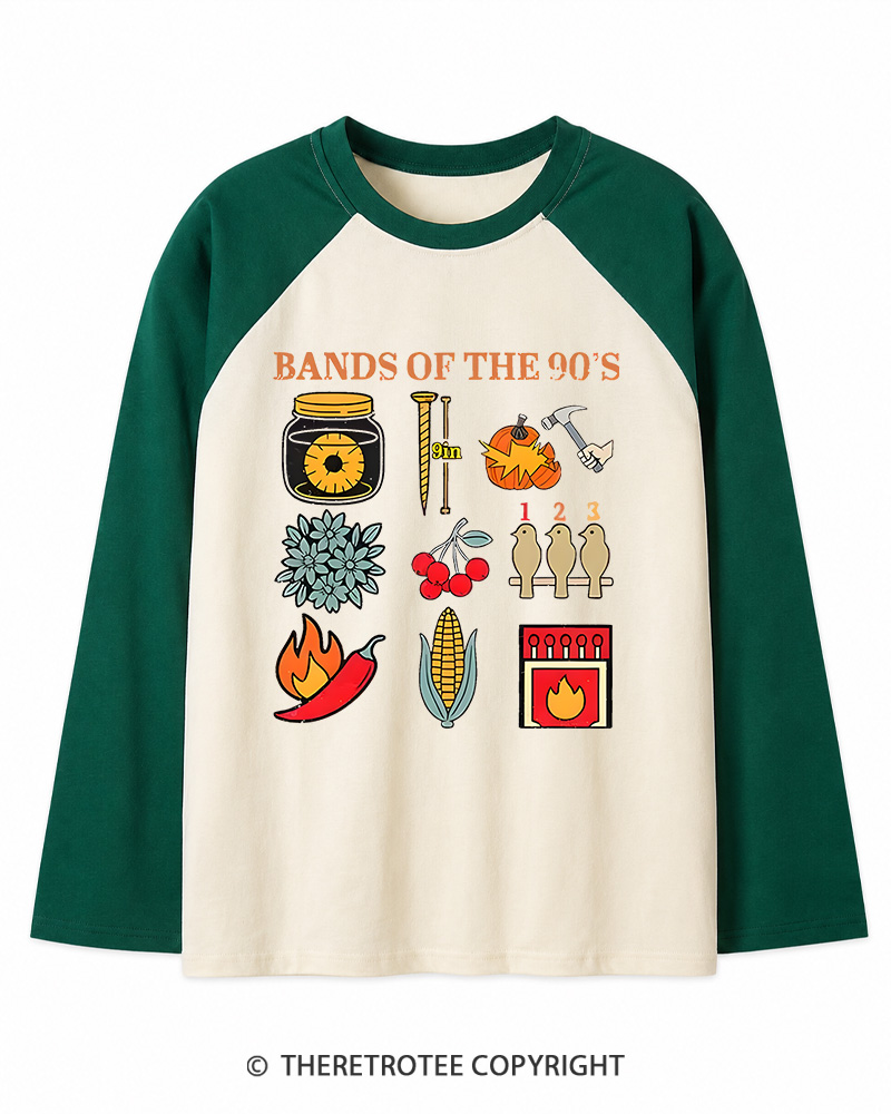 TheRetroTee Popular Music Bands of The 1990s Long Sleeve Raglan T-Shirt