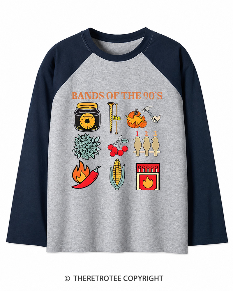 TheRetroTee Popular Music Bands of The 1990s Long Sleeve Raglan T-Shirt